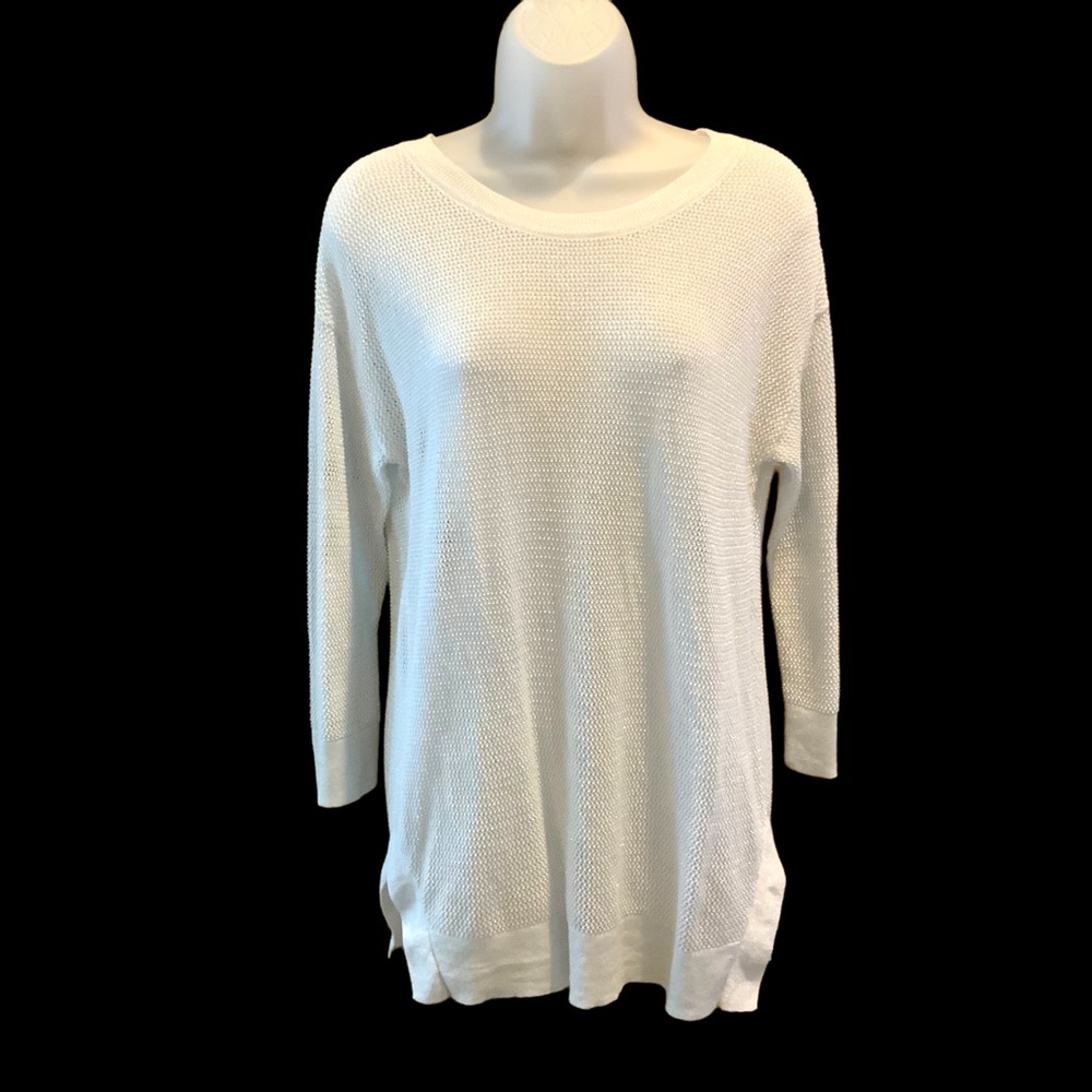 Tribal Sweater White Knit Silver Metallic Sparkly Soft Stretchy Size PS